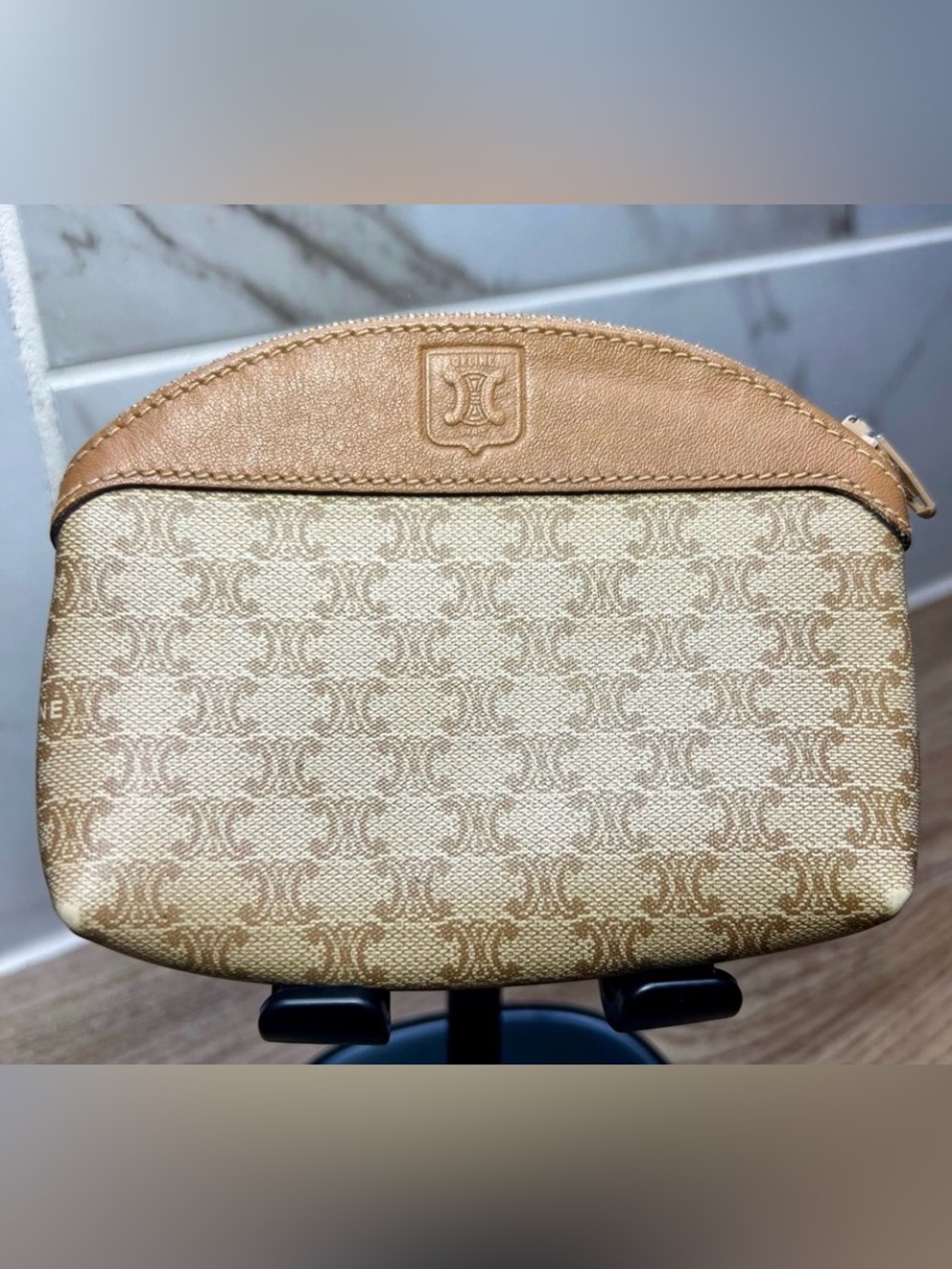 Celine Tan and Cream Cosmetic Bag with Monogram Pattern